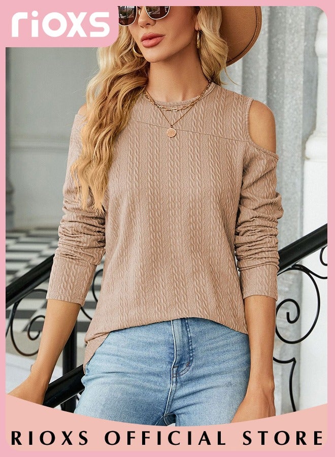 Women's Casual Long Sleeve Blouse Round Neck Off-Shoulder Pullover Shirt Soft and Comfortable Top for Fall