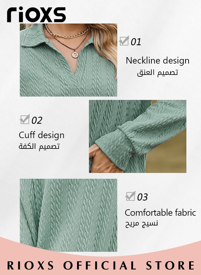 Women's V-neck Long Sleeve Fitted Shirts, Loose Casual Blouse, Knitted Solid Color Tops Soft and Comfortable Pullover Shirt, For Work or Daily Wear