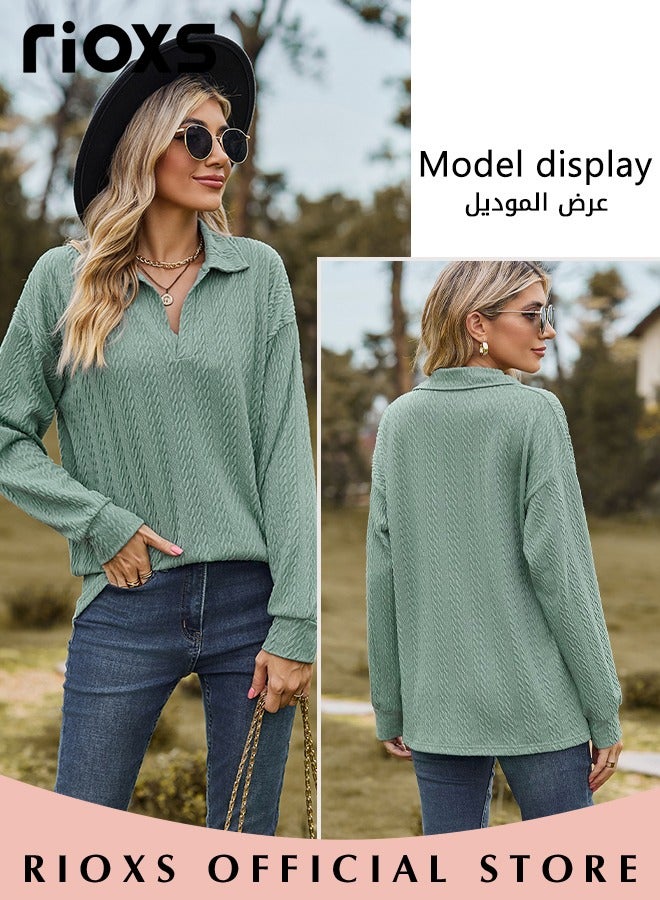 Women's V-neck Long Sleeve Fitted Shirts, Loose Casual Blouse, Knitted Solid Color Tops Soft and Comfortable Pullover Shirt, For Work or Daily Wear