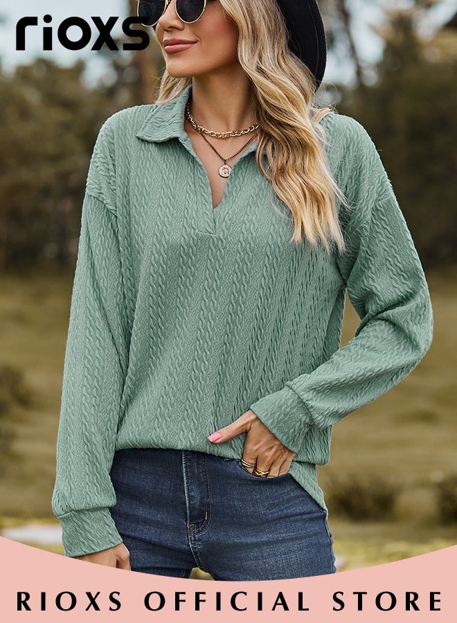Women's V-neck Long Sleeve Fitted Shirts, Loose Casual Blouse, Knitted Solid Color Tops Soft and Comfortable Pullover Shirt, For Work or Daily Wear