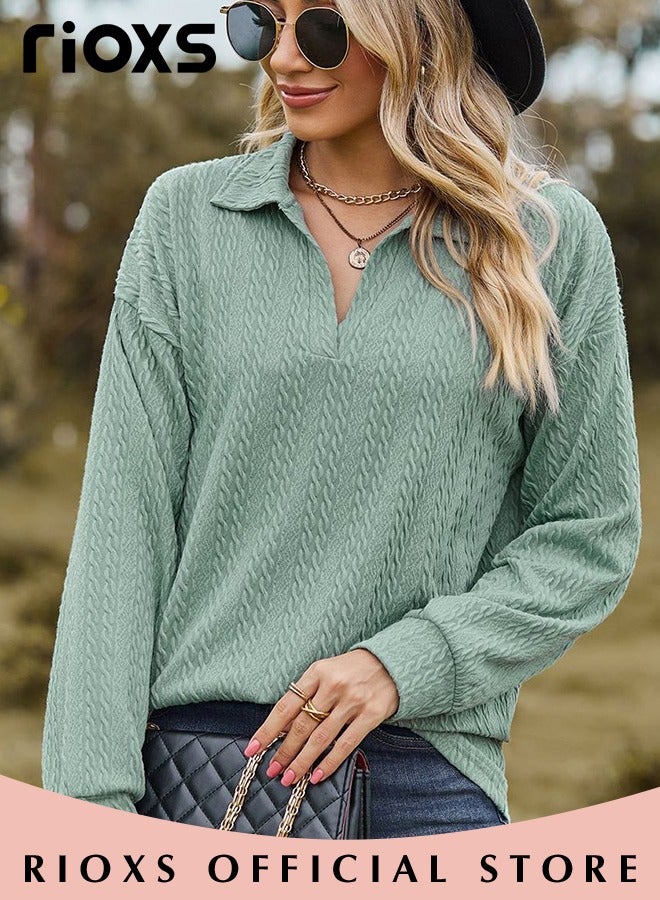 Women's V-neck Long Sleeve Fitted Shirts, Loose Casual Blouse, Knitted Solid Color Tops Soft and Comfortable Pullover Shirt, For Work or Daily Wear