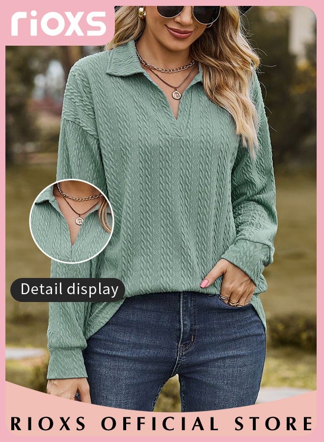 Women's V-neck Long Sleeve Fitted Shirts, Loose Casual Blouse, Knitted Solid Color Tops Soft and Comfortable Pullover Shirt, For Work or Daily Wear