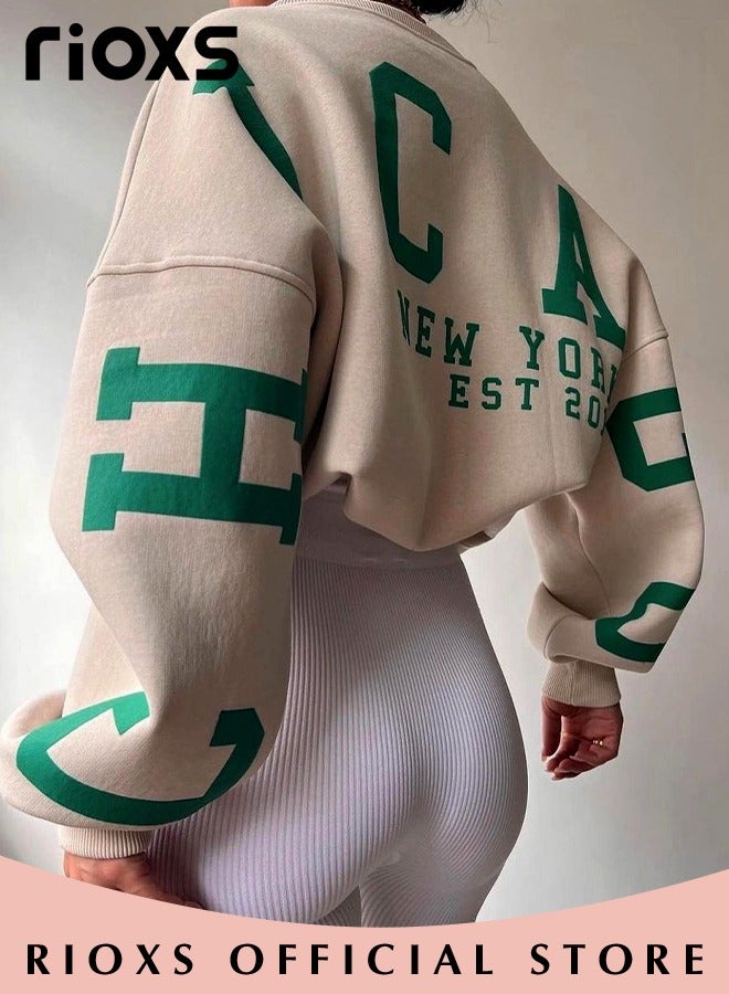 Women's Oversized Sweatshirt, Casual Letter Graphic Print Sweatshirt For Women, Ladies Graphic Crewneck Sweatshirts, Thickened Pullover Tops Sweatshirt For Spring Fall And Winter, Ladies Fashional Loose Pullover Top For Daily Wear