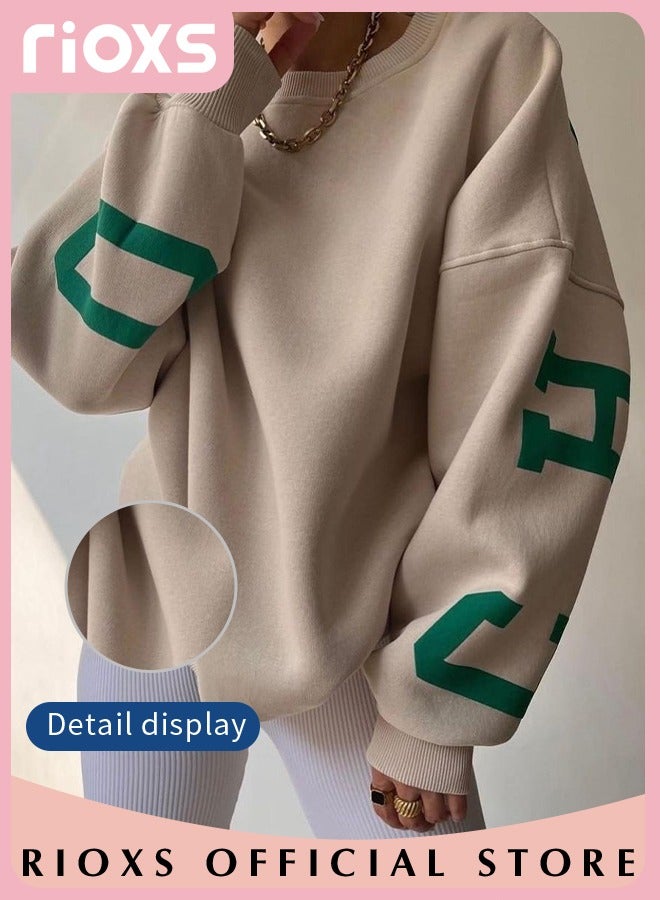 Women's Oversized Sweatshirt, Casual Letter Graphic Print Sweatshirt For Women, Ladies Graphic Crewneck Sweatshirts, Thickened Pullover Tops Sweatshirt For Spring Fall And Winter, Ladies Fashional Loose Pullover Top For Daily Wear