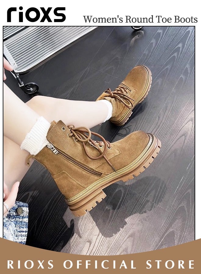 Women's Fall Winter Ankle Boots Ladies Fashion Casual Leather Boots Side Zipper 8-Eye Lace Up High Heel Comfortable Pump Shoes