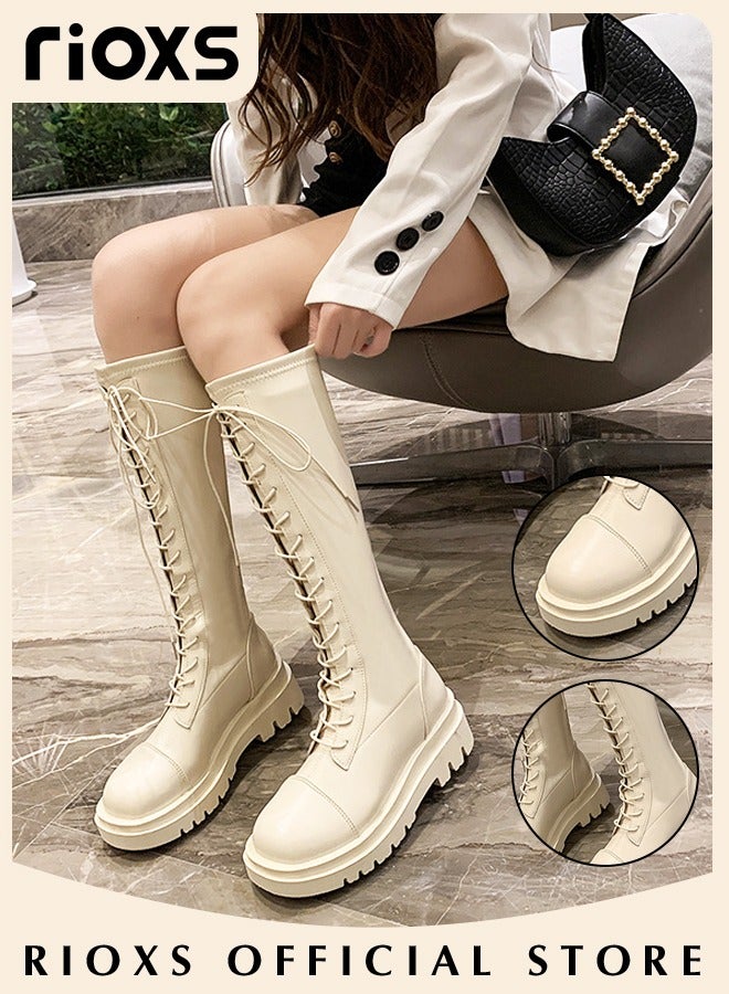 Women's Over The Knee High Boots, Ladies Classic Thigh High Boots, Side Zipper Lace-up Thick Mid-heel Rider Boots, Long Tube Knee-Length Boots, Versatile Enough to Suit Various Occasions