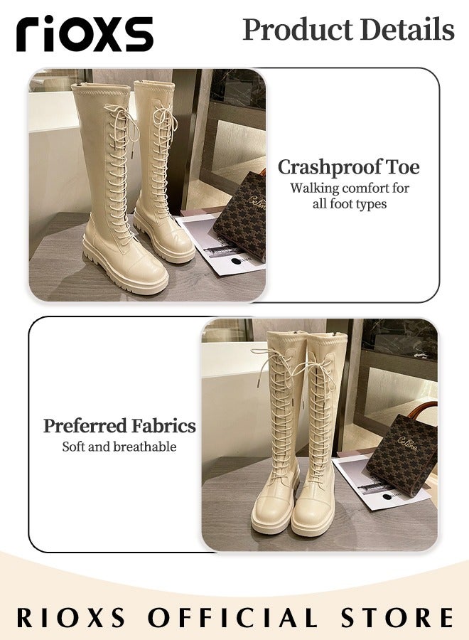 Women's Over The Knee High Boots, Ladies Classic Thigh High Boots, Side Zipper Lace-up Thick Mid-heel Rider Boots, Long Tube Knee-Length Boots, Versatile Enough to Suit Various Occasions