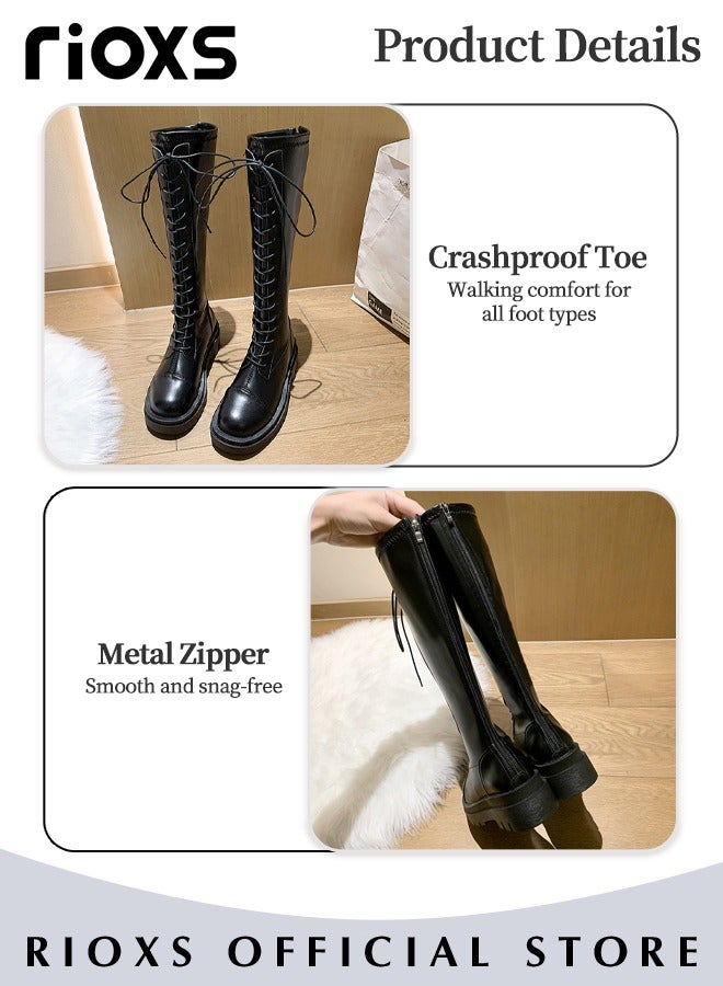 Women's Over The Knee High Boots Ladies Fashion Casual Leather High Elastic High Boots Side Zipper Lace Up Thick Mid-heel Rider Boots Long Tube Knee-Length Boots