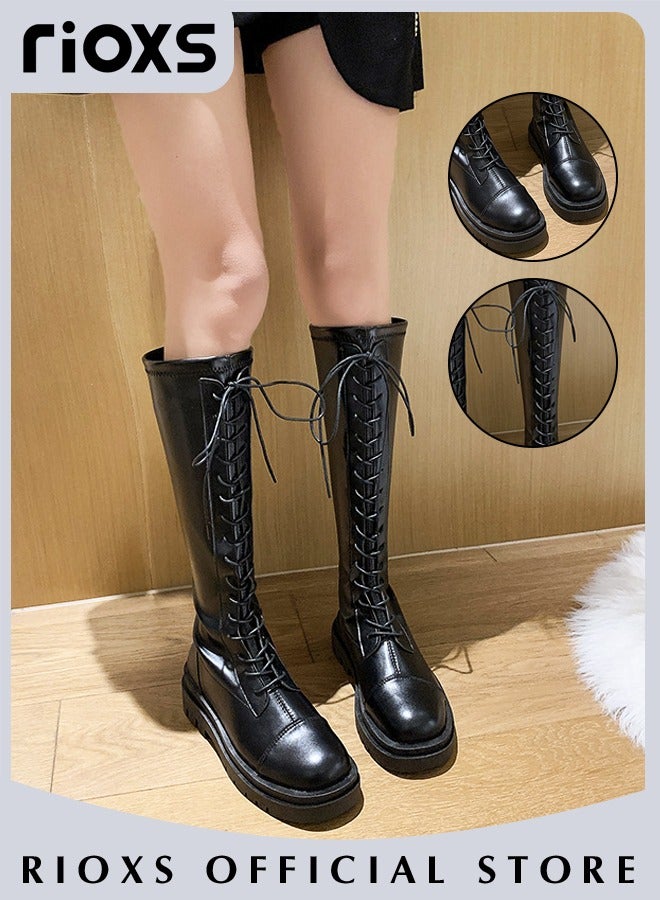 Women's Over The Knee High Boots Ladies Fashion Casual Leather High Elastic High Boots Side Zipper Lace Up Thick Mid-heel Rider Boots Long Tube Knee-Length Boots