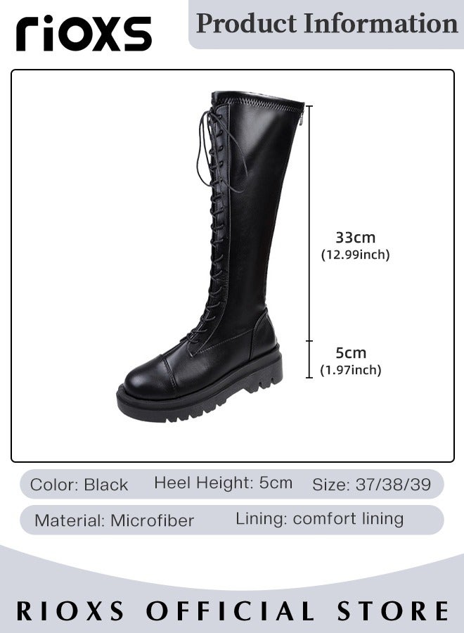 Women's Over The Knee High Boots Ladies Fashion Casual Leather High Elastic High Boots Side Zipper Lace Up Thick Mid-heel Rider Boots Long Tube Knee-Length Boots