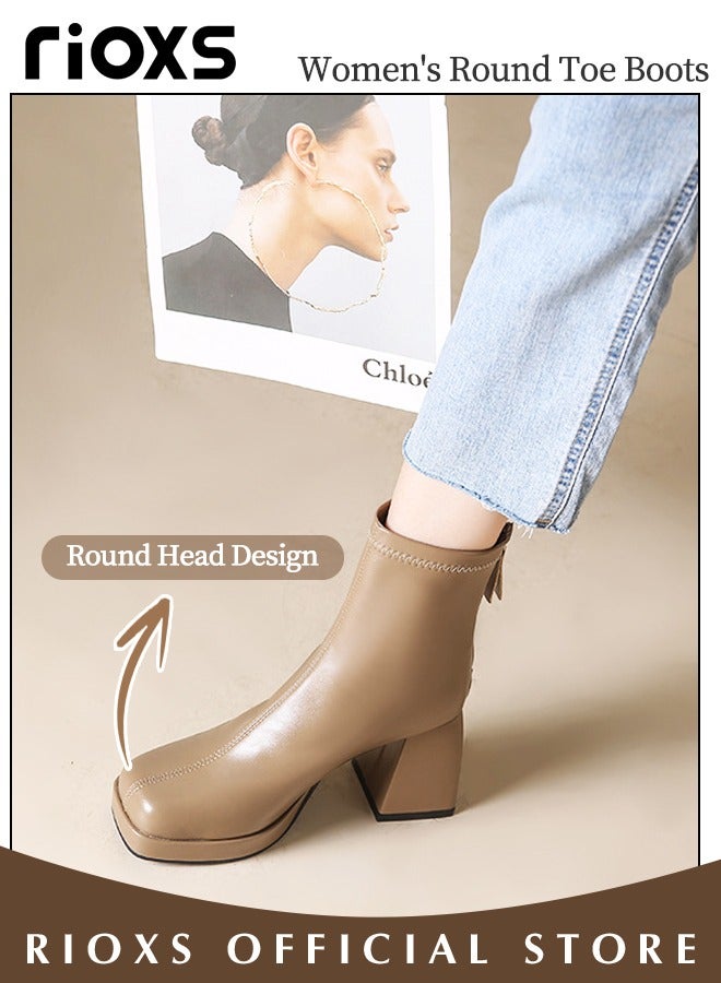 Women's High-heeled Boots Ladies Solid Color Ankle Boots Simple Fashion Square Toe Leather Boots Autumn Winter Pump Shoes