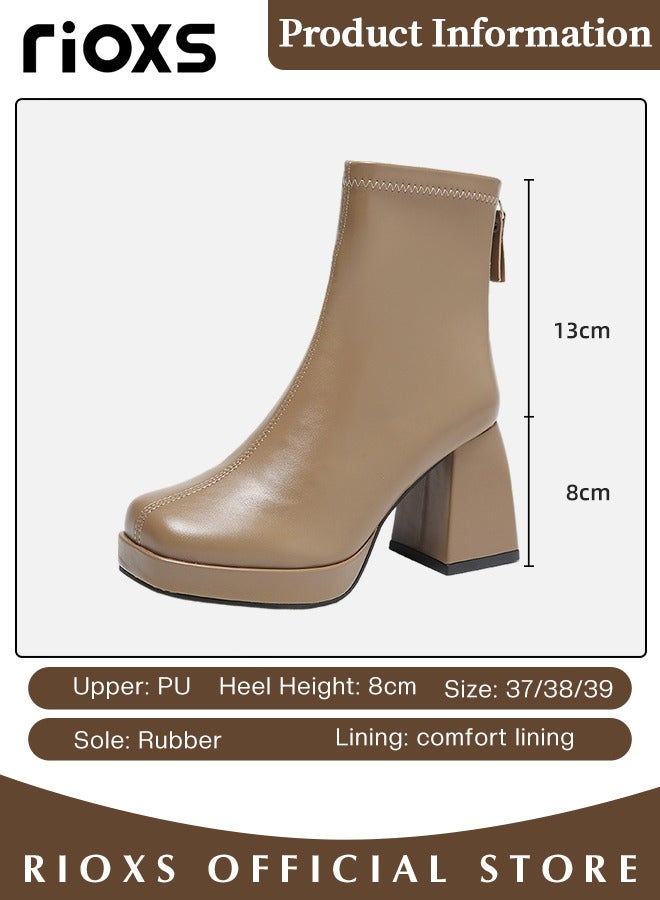 Women's High-heeled Boots Ladies Solid Color Ankle Boots Simple Fashion Square Toe Leather Boots Autumn Winter Pump Shoes