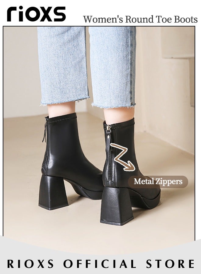 Women's High-heeled Boots Ladies Solid Color Ankle Boots Simple Fashion Square Toe Leather Boots Autumn Winter Pump Shoes