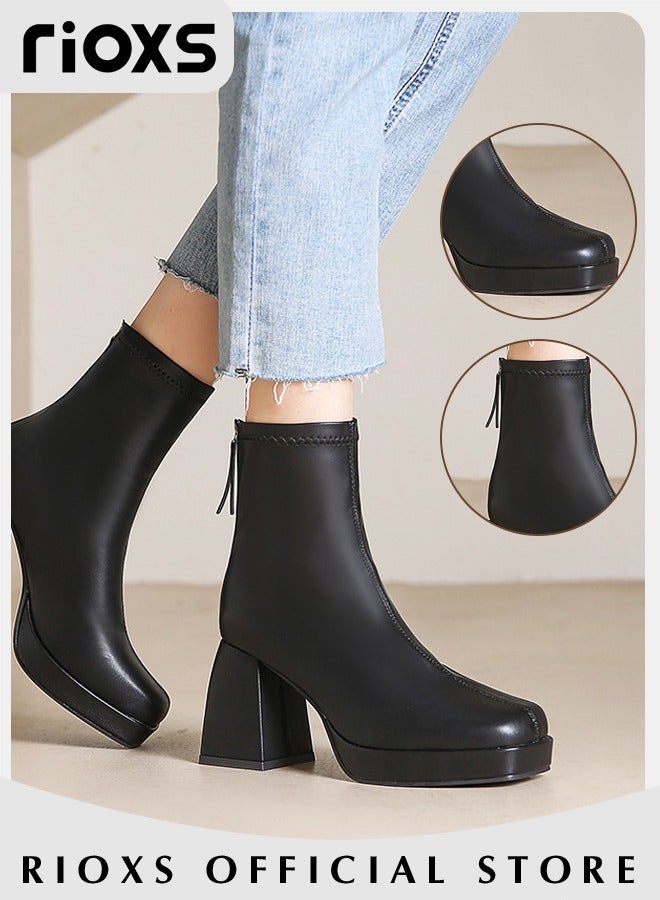 Women's High-heeled Boots Ladies Solid Color Ankle Boots Simple Fashion Square Toe Leather Boots Autumn Winter Pump Shoes