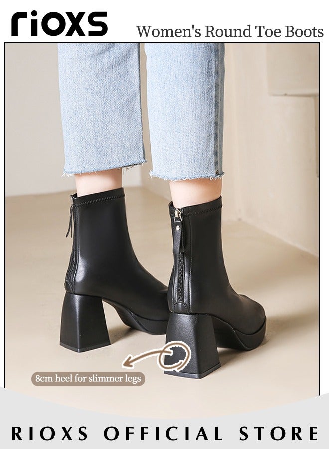 Women's High-heeled Boots Ladies Solid Color Ankle Boots Simple Fashion Square Toe Leather Boots Autumn Winter Pump Shoes