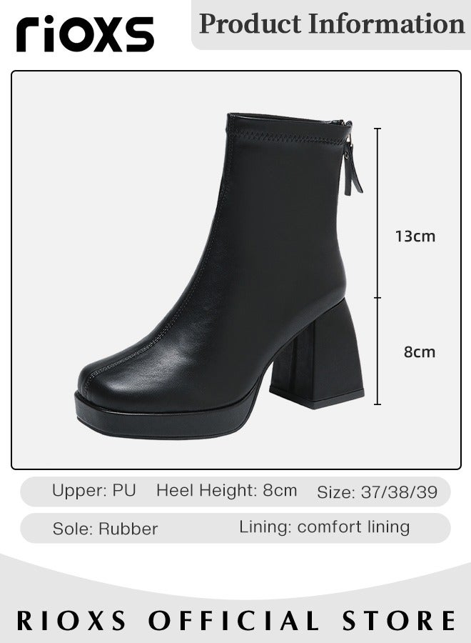 Women's High-heeled Boots Ladies Solid Color Ankle Boots Simple Fashion Square Toe Leather Boots Autumn Winter Pump Shoes