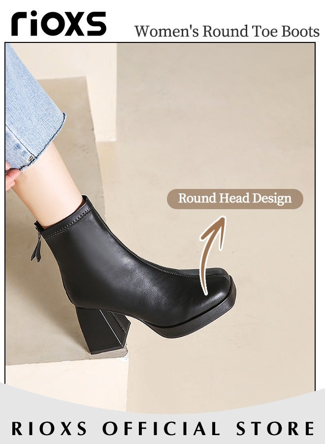 Women's High-heeled Boots Ladies Solid Color Ankle Boots Simple Fashion Square Toe Leather Boots Autumn Winter Pump Shoes