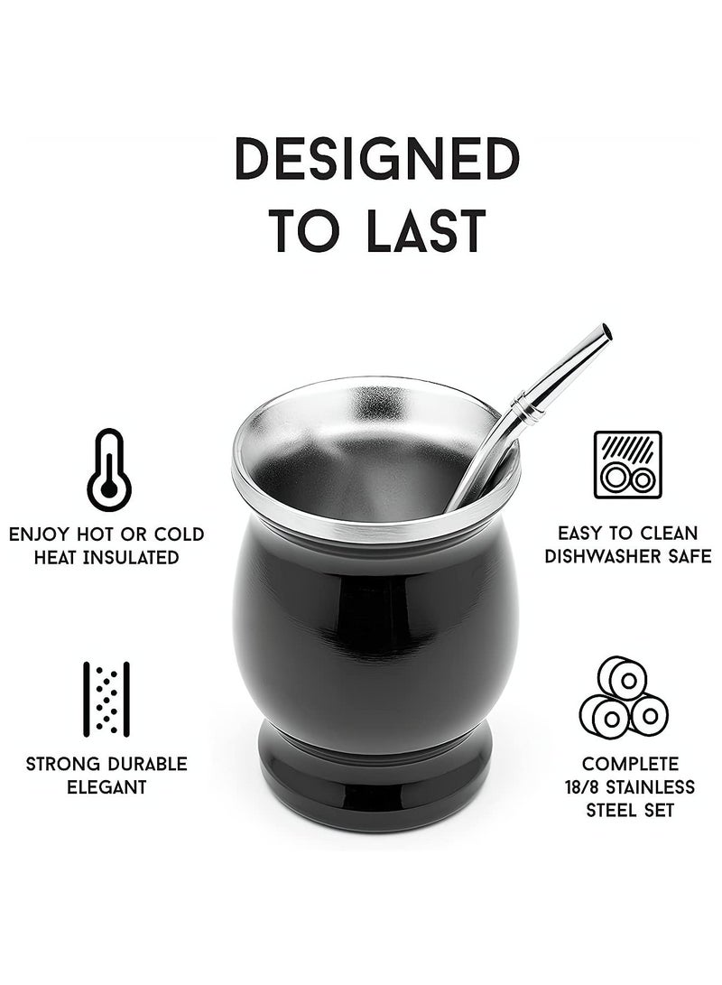 Yerba Mate Tea Cup, Stainless Steel Double Walled Easy Wash Household Insulation Cup, Mate Gourds for Yerba Mate Loose Leaf Drinking with Bombilla Straw, Black, 230 Ml