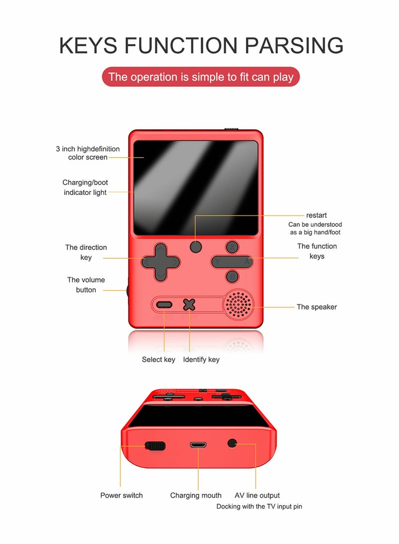 Retro Handheld Game Console with 500 Classical FC Games 3.0 Inches Screen Portable Video Game Consoles Handheld Video Games Support for Connecting TV and Two Players, Red