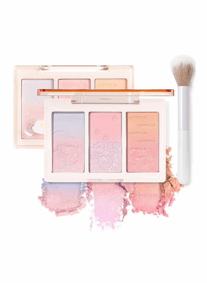 3 Colors Blush Palette Shimmer Face Highlighter Palette Waterproof and Long Lasting Matte and Shimmer 2 Blush Palette and 1 Powder Blusher Brush