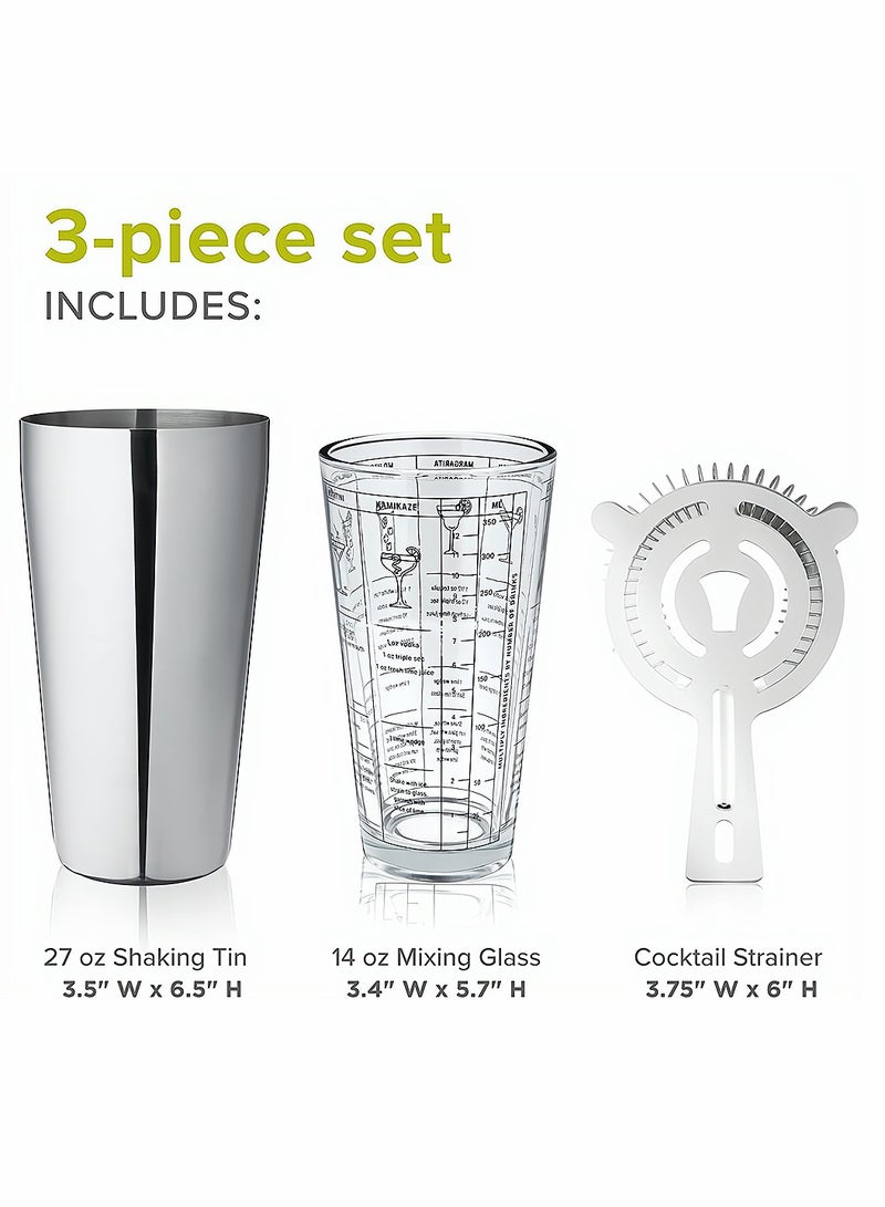 Boston Cocktail Shaker 3 Piece Professional Shaker Bar Set for Professional Bartenders and Home Cocktail Lover Bartending Essential Tools 14oz Mixing Glass 27oz Shaking Tin and Hawthorne Strainer