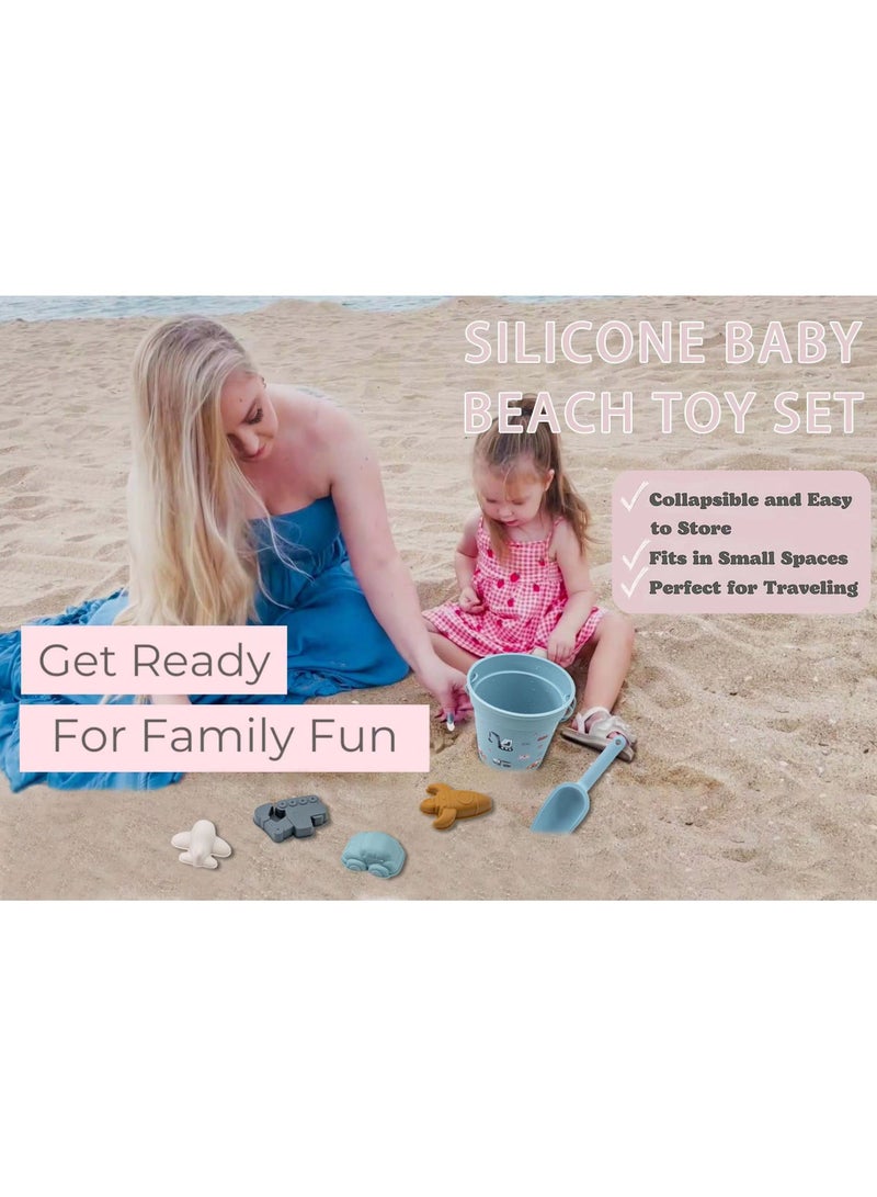 7PCS Silicone Beach Toy Collection for Toddlers, Sand Toy Beach Bucket Set Snow Toy Set Sandbox Toy Collection Eco-Friendly Sandbox Toy Kit Beach Bucket with Sand Sifters Lid for Baby Kids