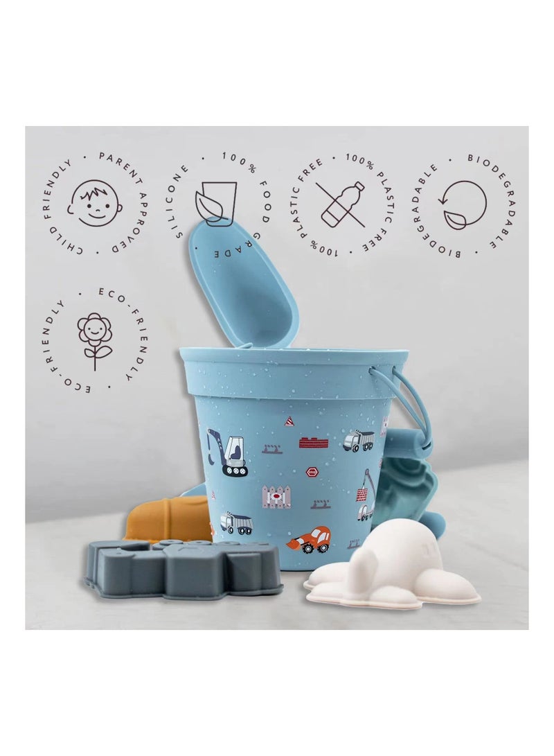 7PCS Silicone Beach Toy Collection for Toddlers, Sand Toy Beach Bucket Set Snow Toy Set Sandbox Toy Collection Eco-Friendly Sandbox Toy Kit Beach Bucket with Sand Sifters Lid for Baby Kids