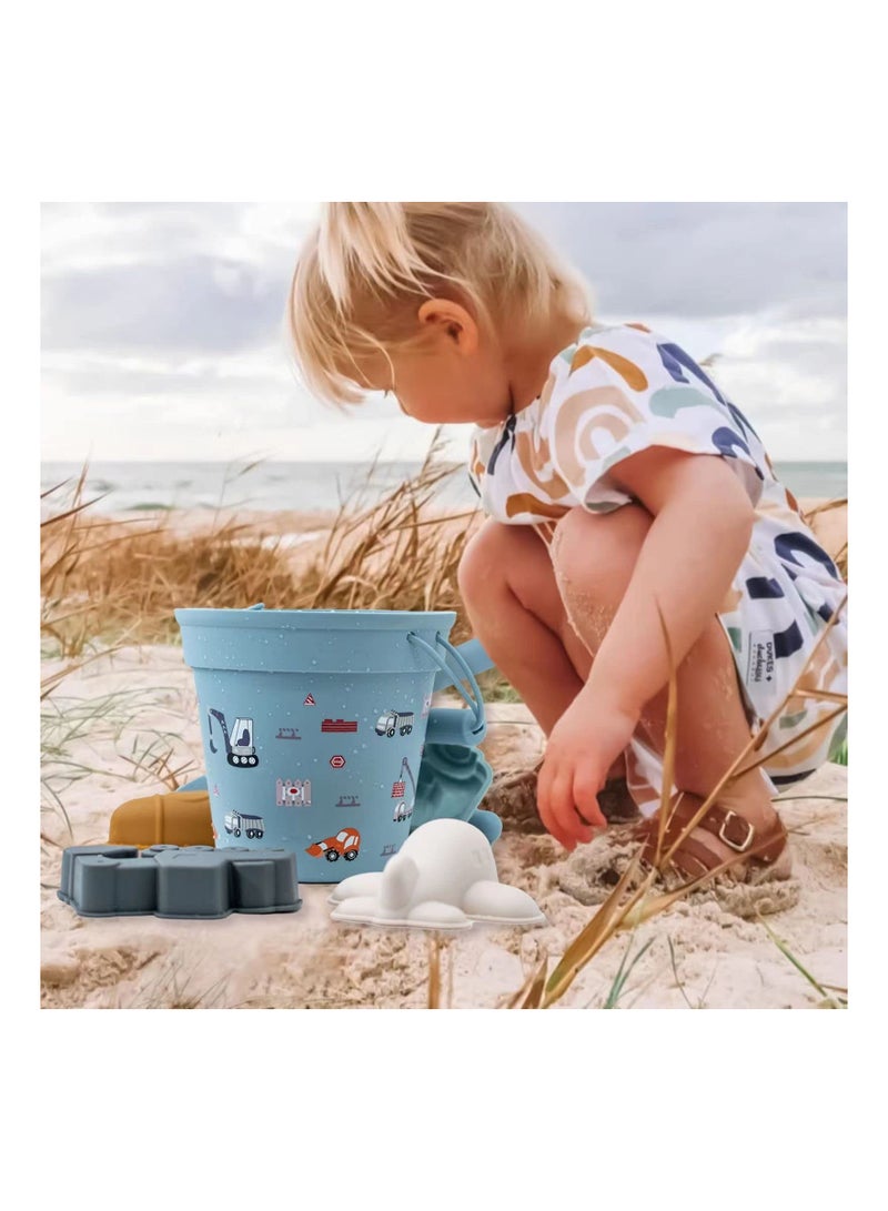 7PCS Silicone Beach Toy Collection for Toddlers, Sand Toy Beach Bucket Set Snow Toy Set Sandbox Toy Collection Eco-Friendly Sandbox Toy Kit Beach Bucket with Sand Sifters Lid for Baby Kids
