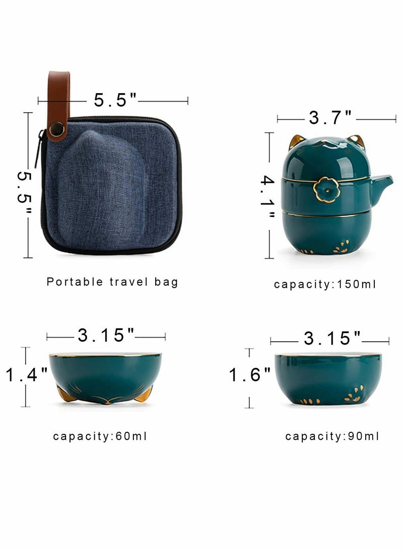 Portable Ceramic Tea Cup Set: Lucky Cat Porcelain Teapot Set with Tea Strainer - Lids and 1 Shockproof Storage Case - Suitable for Travel - Outdoor Picnic - Office Work - Home