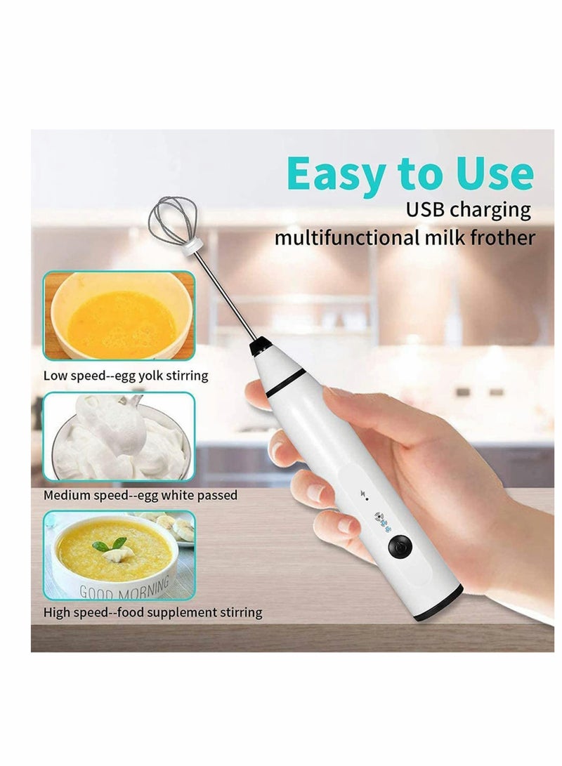 Milk Frother 3 Speeds Electric Handheld Foam Make USB Rechargeable with Stainless Whisk for Coffee Latte Cappuccino Chocolate Milk Tea Coconut Milk Durable Frother Mixer (White)