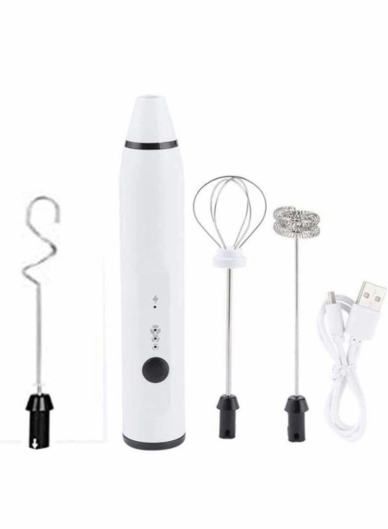 Milk Frother 3 Speeds Electric Handheld Foam Make USB Rechargeable with Stainless Whisk for Coffee Latte Cappuccino Chocolate Milk Tea Coconut Milk Durable Frother Mixer (White)