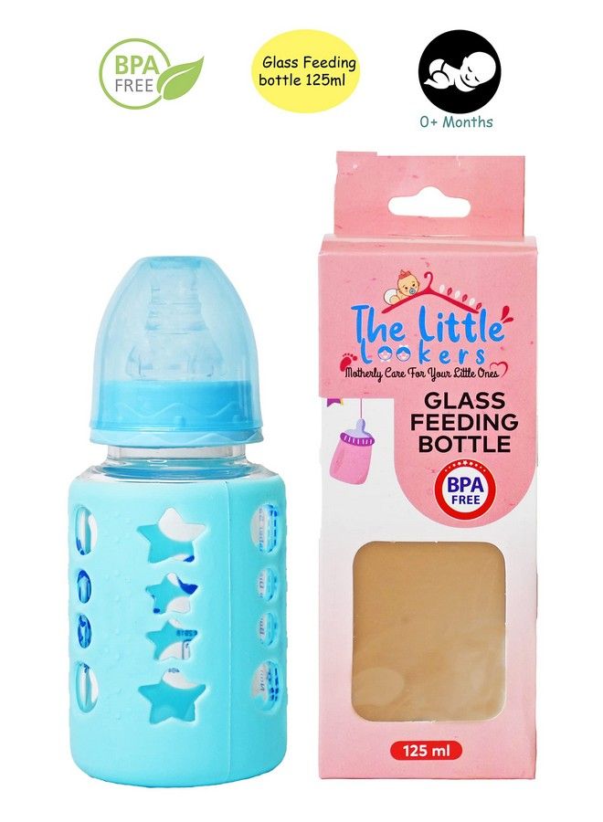 High Borosilicate Glass Feeding Bottle For Baby;Feeder For Newborn ; Super Soft Flow Control & Anti Colic Nipple For Infants;Toddlers Blue & Red (120Ml)