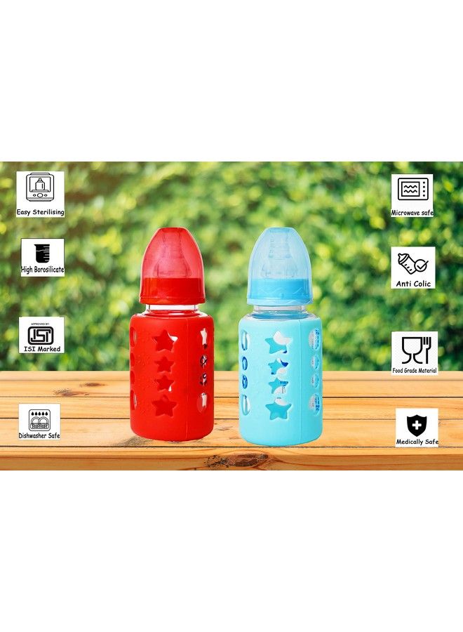 High Borosilicate Glass Feeding Bottle For Baby;Feeder For Newborn ; Super Soft Flow Control & Anti Colic Nipple For Infants;Toddlers Blue & Red (120Ml)