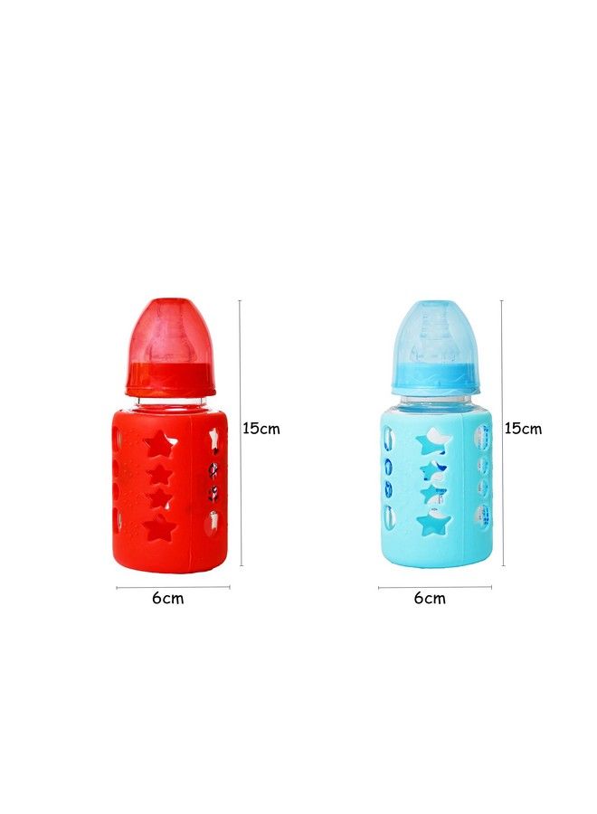 High Borosilicate Glass Feeding Bottle For Baby;Feeder For Newborn ; Super Soft Flow Control & Anti Colic Nipple For Infants;Toddlers Blue & Red (120Ml)