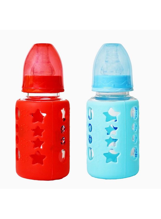 High Borosilicate Glass Feeding Bottle For Baby Feeder For Newborn ; Super Soft Flow Control & Anti Colic Nipple For Infants Toddlersblue & Red (120Ml)