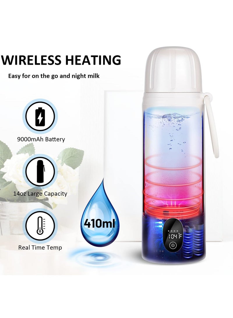 Portable Water Warmer, Milk Warmer for Breastmilk or Formula,410 Ml Large Capacity, 9000mAh Battery Power - Up to 12h, Baby Brew Formula,Travel Friendly, On The Go,White