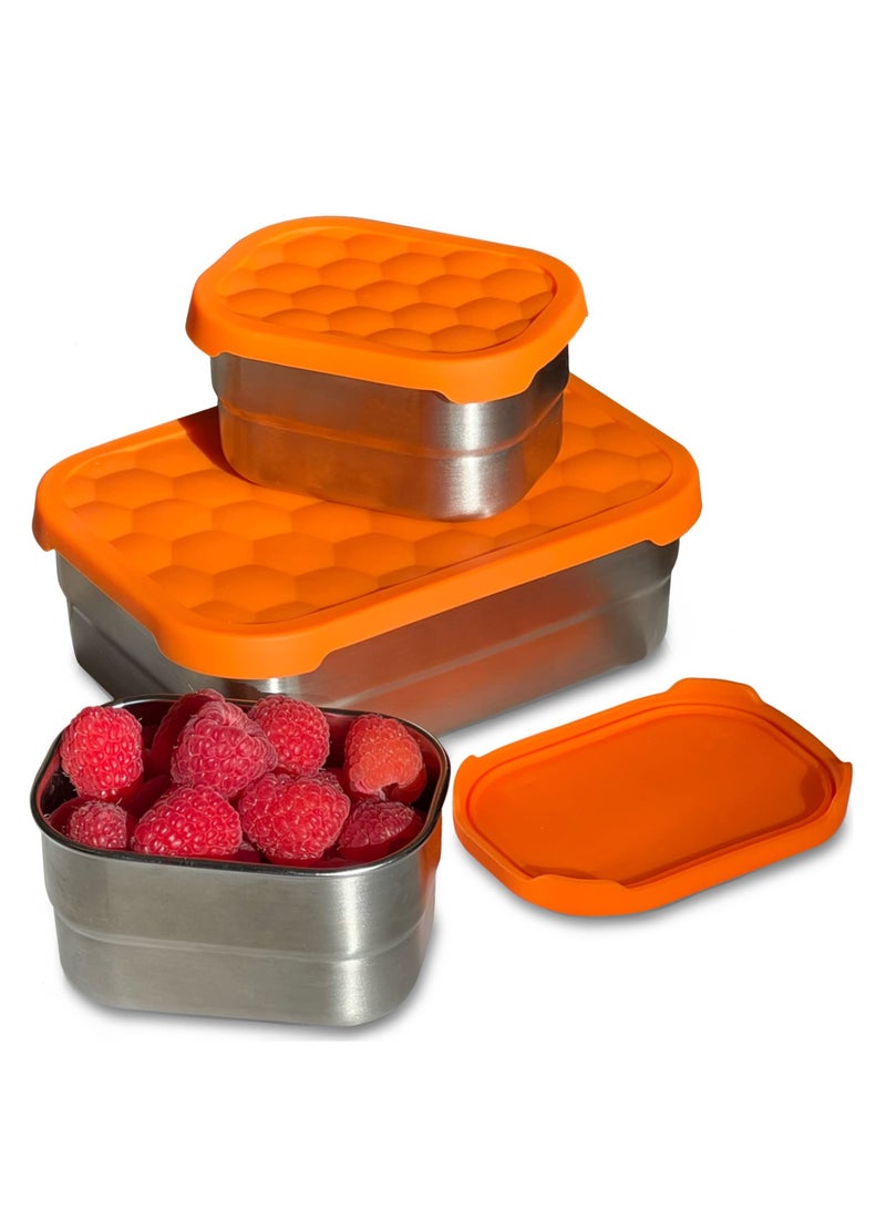 Stainless Steel Food Containers with Lids Set of 3 (24.34 oz, 8 oz, 8 oz) - Metal Snack Container for Kids -  Lunch Box with Silicone Lids Sandwich Containers-Premium Leakproof Bento Box Storage
