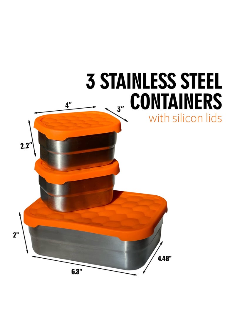Stainless Steel Food Containers with Lids Set of 3 (24.34 oz, 8 oz, 8 oz) - Metal Snack Container for Kids -  Lunch Box with Silicone Lids Sandwich Containers-Premium Leakproof Bento Box Storage