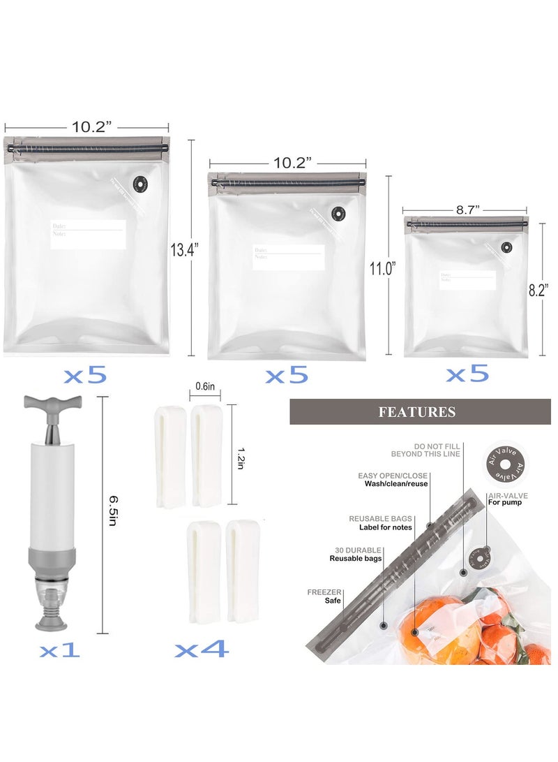 Food Vacuum Compression Bags Airtight Suction Bags Reusable Ziploc Bags with 3 Sizes Vacuum Food Bags 1 Hand Pump 5 Sealing Clips for Food Storage Sous-Vide(21Pieces)