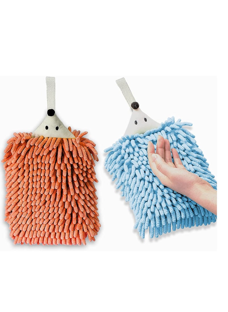 Hand Drying Towel Cute Hedgehog Chenille Hand Towel with Button Hanging Loop Microfiber Plush Absorbent Kids Hand Towels for Bathroom Kitchen Bedroom 2PCS