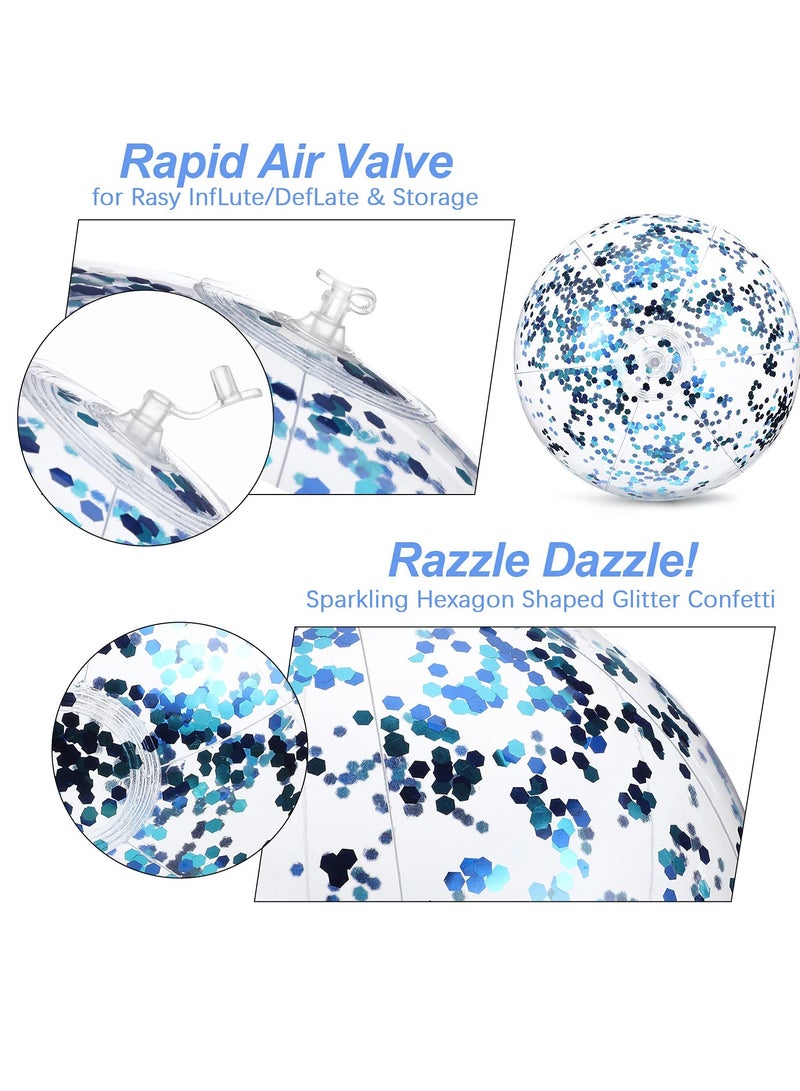 Inflatable Beach Ball, Color Confetti Transparent Pool Party Ball 40 cm Elastic Floating Water Toy Ball Water Play Blue Sequins Ball Suitable for Boys and Girls Summer Beach, Pool (8 Pieces)