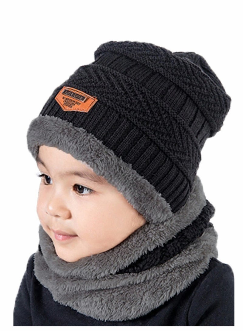 Kids Beanie Hat Scarf Set, 2 Pcs Knit Winter Warm Set for Toddler Boys Girls for 1-6 Years Old Kids Winter Beanie Hat Scarf Set with Knit Thick Warm Fleece Lined Black