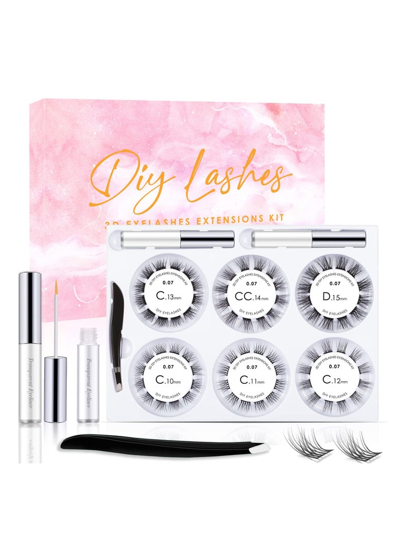 DIY Lash Extension Kit, 72 Clusters Volume Lashes Set Soft and Lightweight, C Curl 0.07mm 10-15mm Mixed DIY Eyelash Extension, at Home Lash Extensions Kit with Cluster Lashes Glue and Tweezers