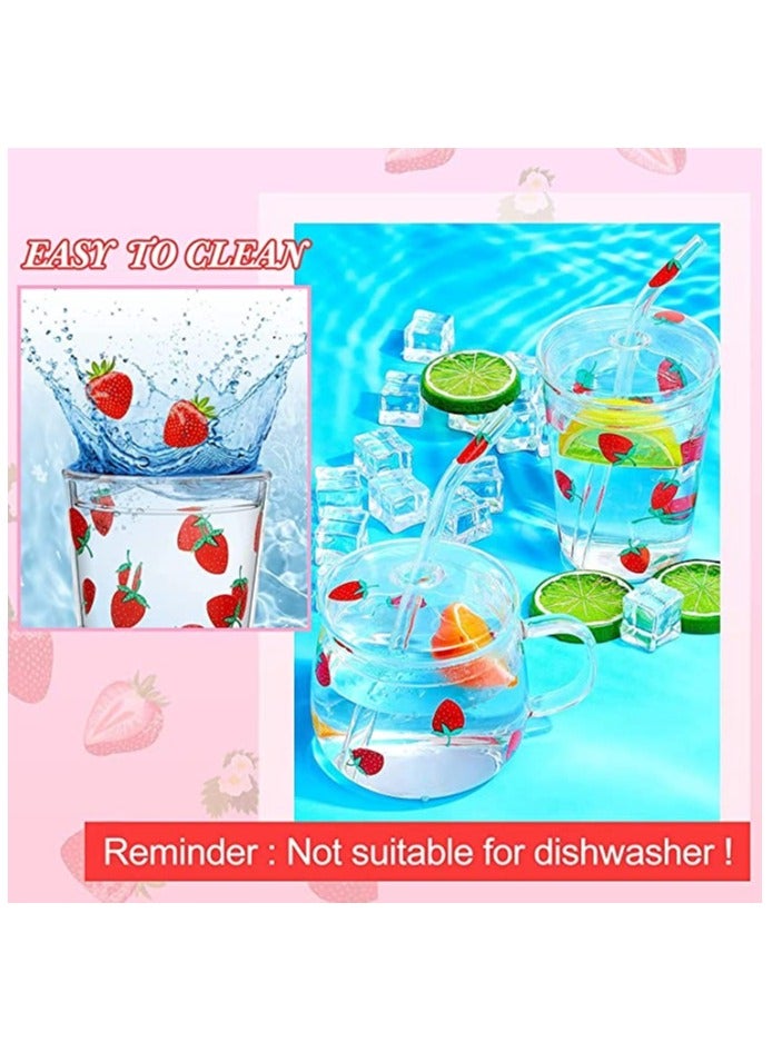 Glass Water Cup Milk Cup with Straw and Lids Reusable Double-Wall Coffee Cup Heat Resisting lovely Clear Milkshake Cup for Juice Milk Hot Cold Water Tea Matcha 300ml Travel Cup (strawberry S)