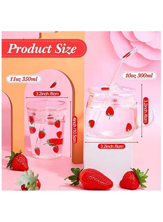 Glass Water Cup Milk Cup with Straw and Lids Reusable Double-Wall Coffee Cup Heat Resisting lovely Clear Milkshake Cup for Juice Milk Hot Cold Water Tea Matcha 300ml Travel Cup (strawberry S)