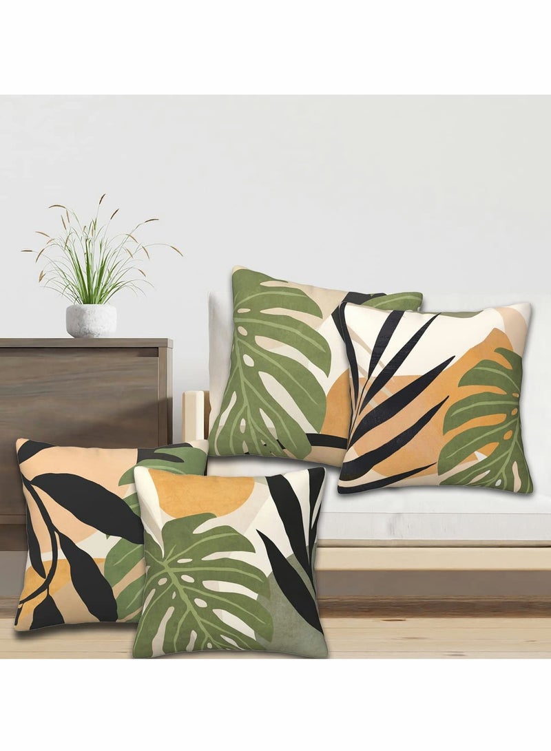 Throw Pillow Case, Boho Throw Pillow Covers Set of 4, 18x18 Inch Double Sided Print Abstract Geometric Leaves Pillow Cover, Square Cushion Case for Sofa Couch Chair Farmhouse Home Decor