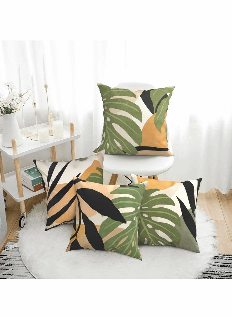 Throw Pillow Case, Boho Throw Pillow Covers Set of 4, 18x18 Inch Double Sided Print Abstract Geometric Leaves Pillow Cover, Square Cushion Case for Sofa Couch Chair Farmhouse Home Decor