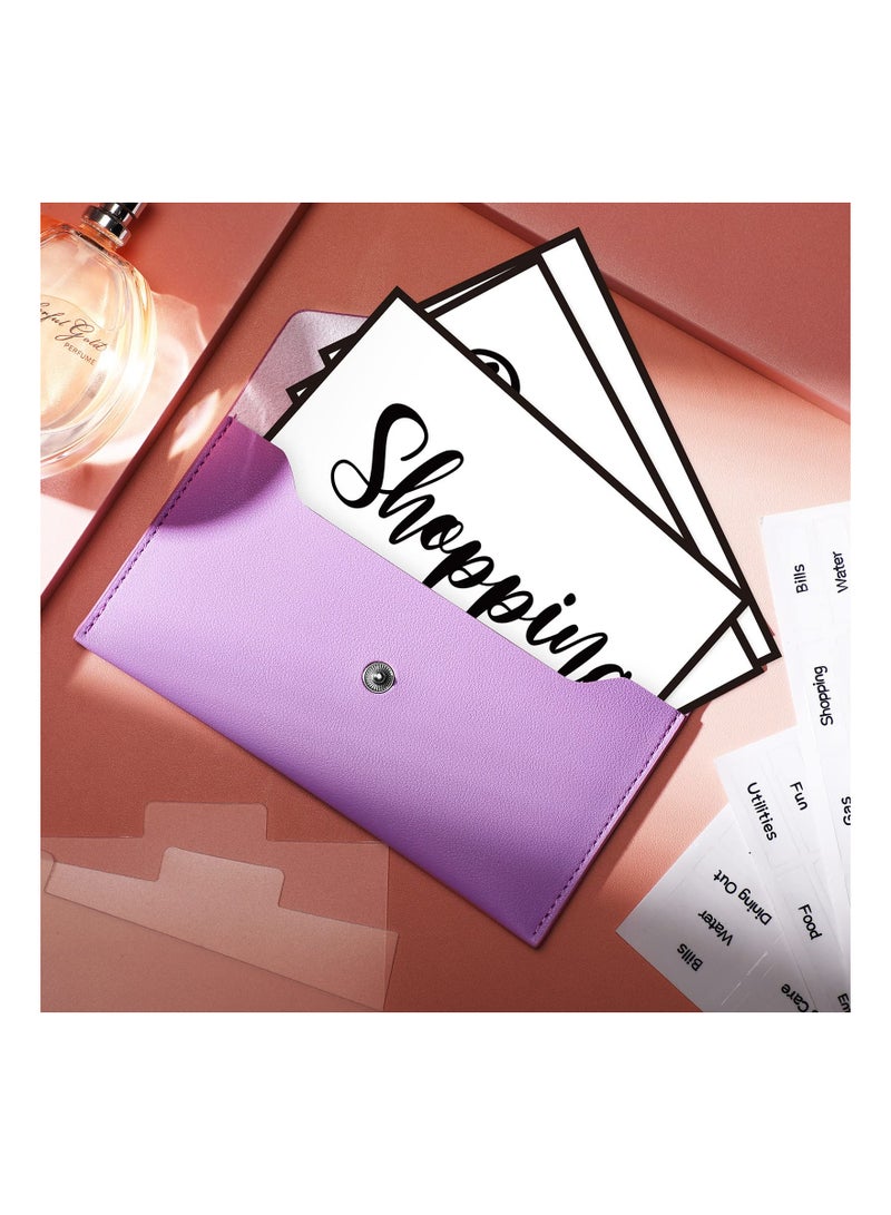 11 Pieces Cash Envelope Wallet PU Leather Cash Envelopes Cash Wallet Reusable Budget Envelope Cash Dividers for Wallets with Cash Envelope Tab Stickers for Bill Planner (Purple Wallet)