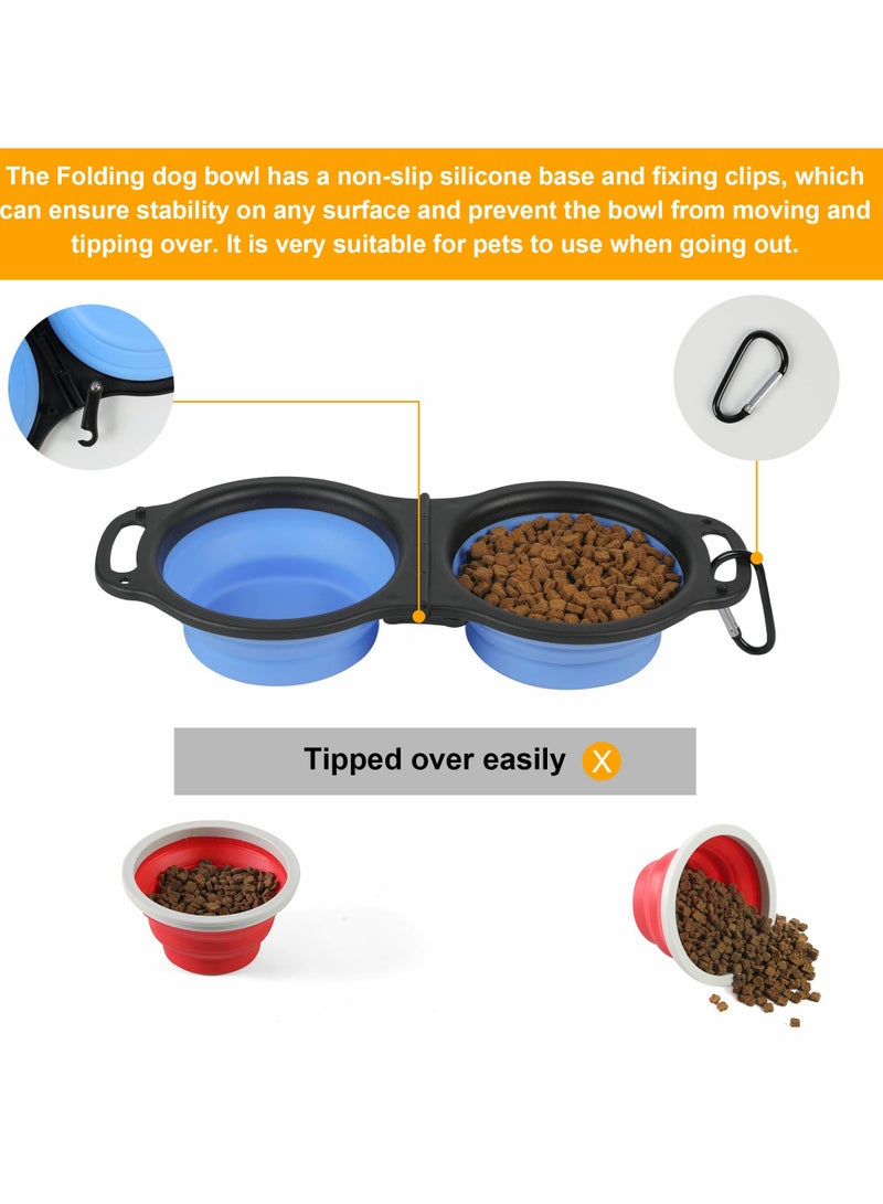 Collapsible Dog Bowls, Portable Travel Pet Feeder Bowl, 2 in 1 Expandable Silicone Pet Food & Water Double Bowl, Cat Feeder Dish with Carabiner for Walking, Traveling, Hiking, Camping（Blue）