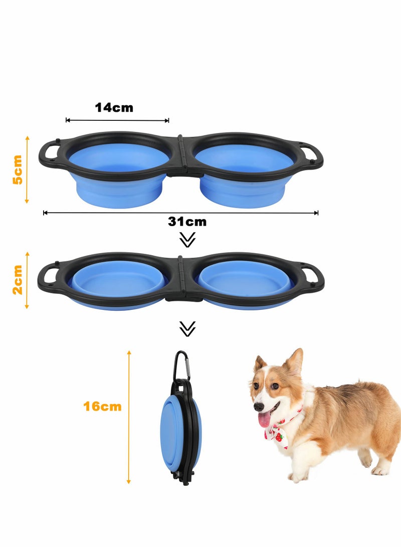 Collapsible Dog Bowls, Portable Travel Pet Feeder Bowl, 2 in 1 Expandable Silicone Pet Food & Water Double Bowl, Cat Feeder Dish with Carabiner for Walking, Traveling, Hiking, Camping（Blue）